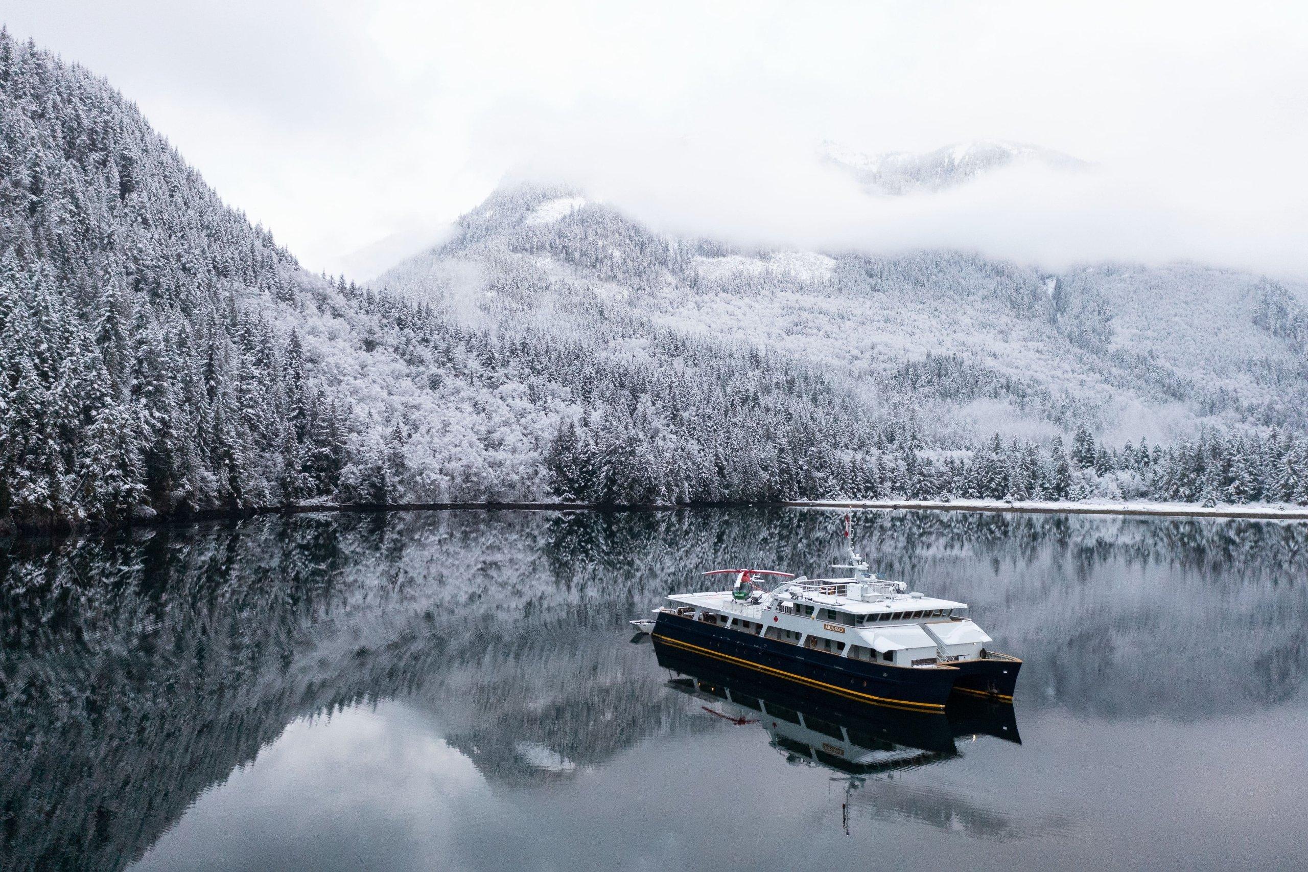 MV Cascadia floating on a calm, overcast day