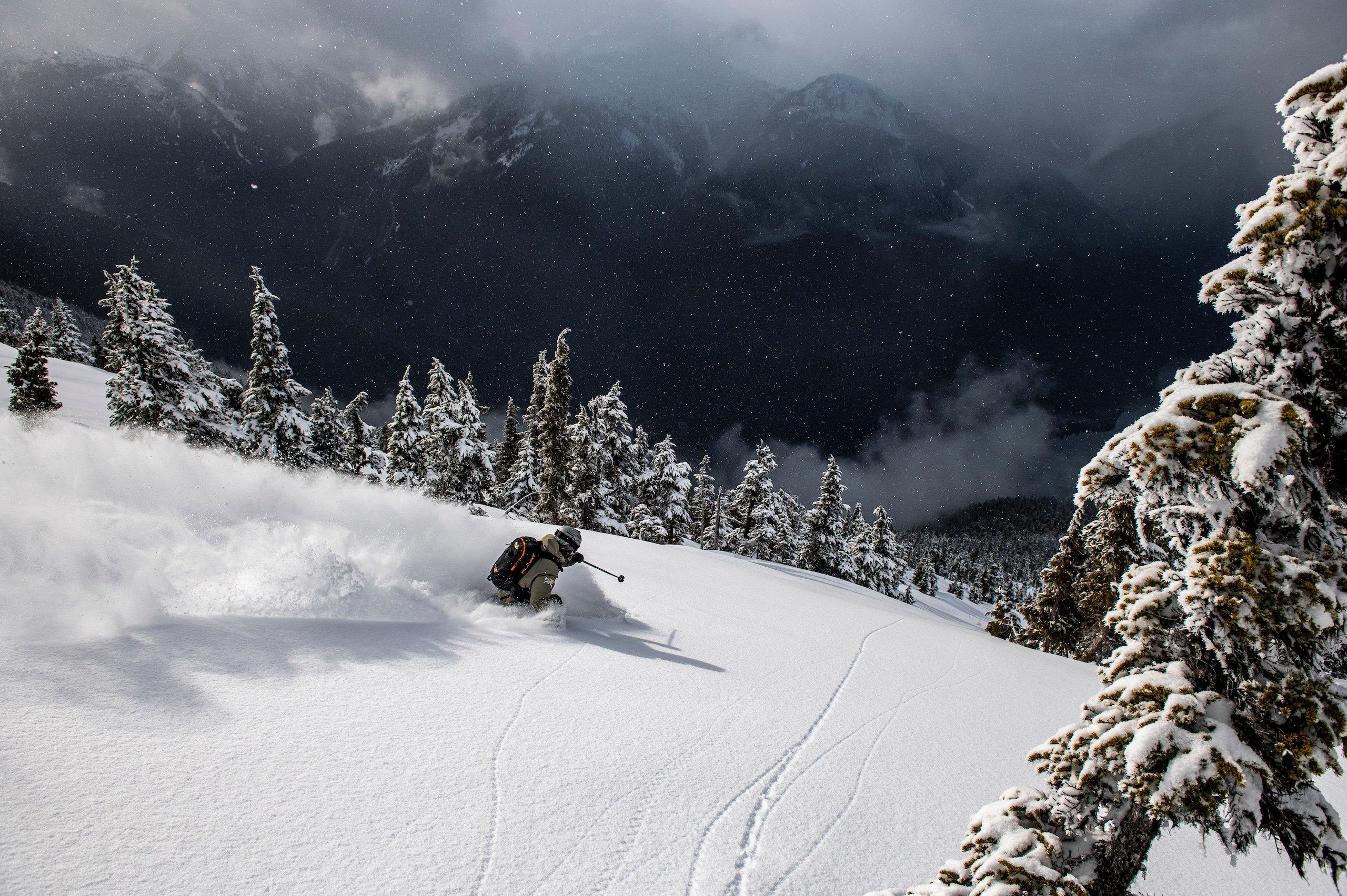 A skier in a beige jacket skiing down a mountain between trees